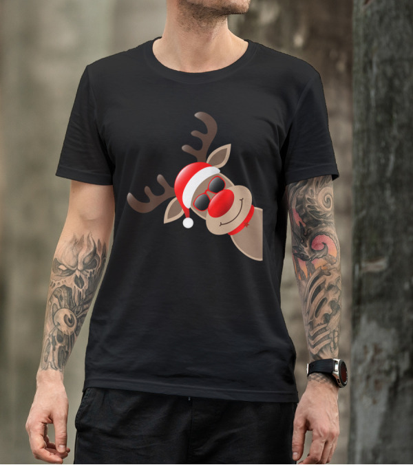 Rudolph Red Nose Reindeer Santa Hat Sunglasses T-Shirt