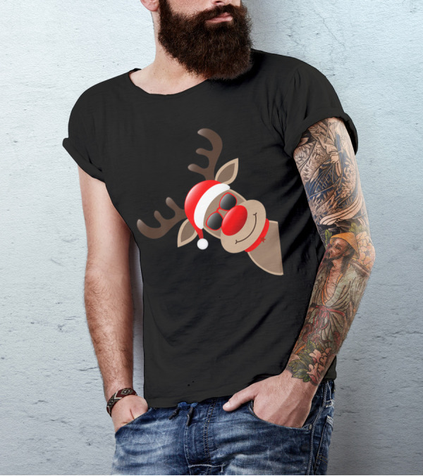 Rudolph Red Nose Reindeer Santa Hat Sunglasses T-Shirt