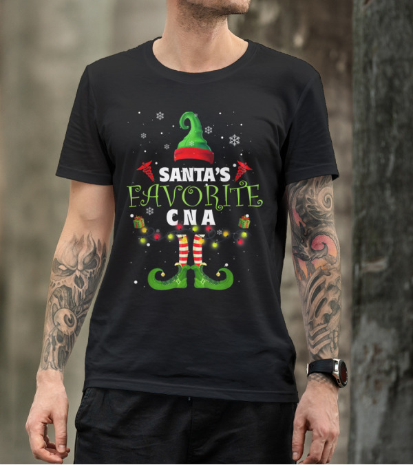 Santa's Favorite CNA Christmas Elf Hat Lights Snowflakes T-Shirt