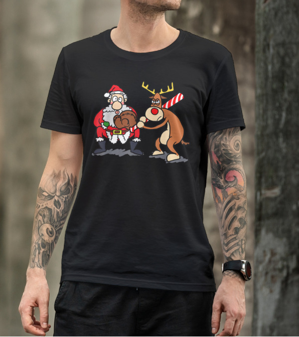Santa Reindeer Candy Cane Baseball Softball Player Christmas T-Shirt
