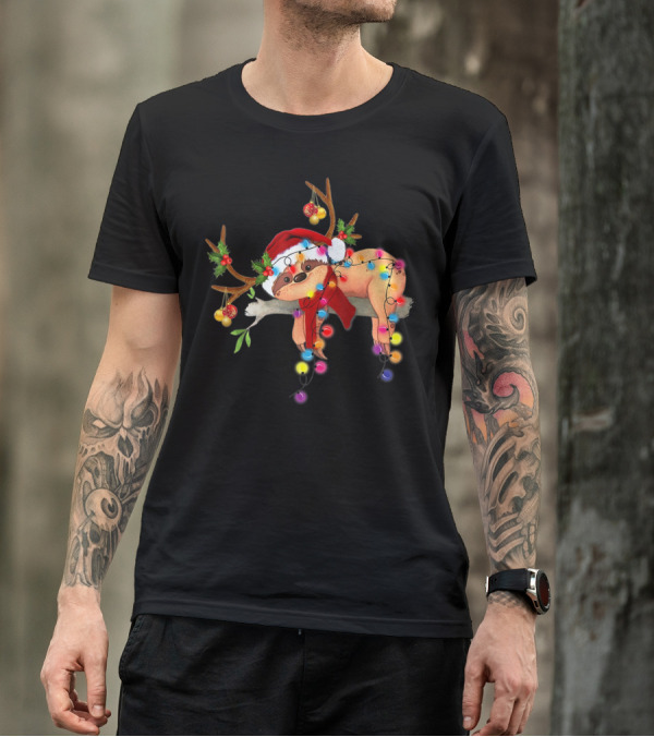 Santa Sloth Reindeer With Christmas Lights And Hat T-Shirt