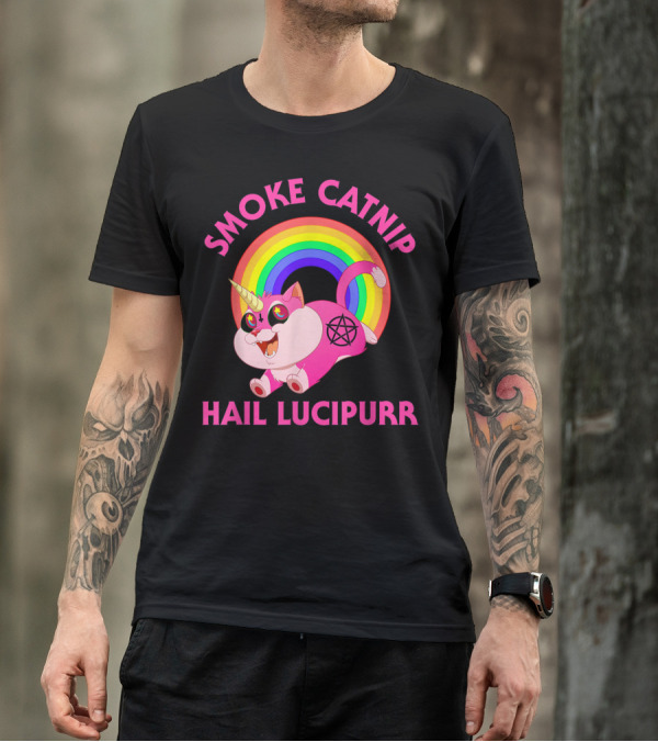 Smoke Catnip Hail Lucipurr Rainbow Unicorn Satanic Cat T-Shirt