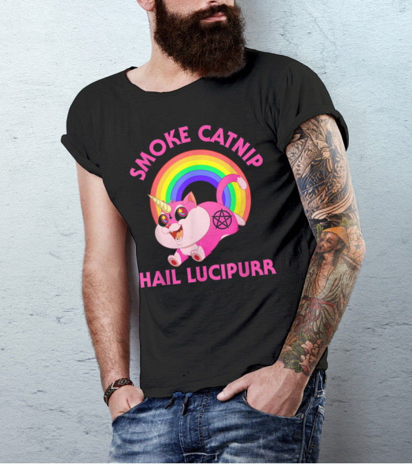 Smoke Catnip Hail Lucipurr Rainbow Unicorn Satanic Cat T-Shirt