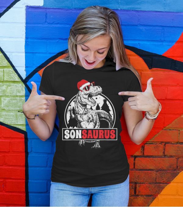 Sonsaurus Christmas Rex T-Rex Dinosaur Holiday Santa Hat T-Shirt