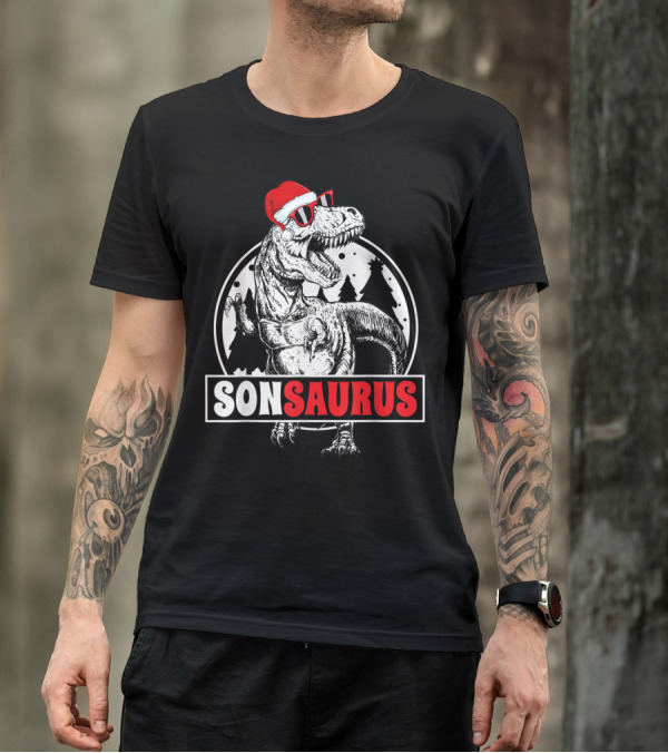 Sonsaurus Christmas Rex T-Rex Dinosaur Holiday Santa Hat T-Shirt