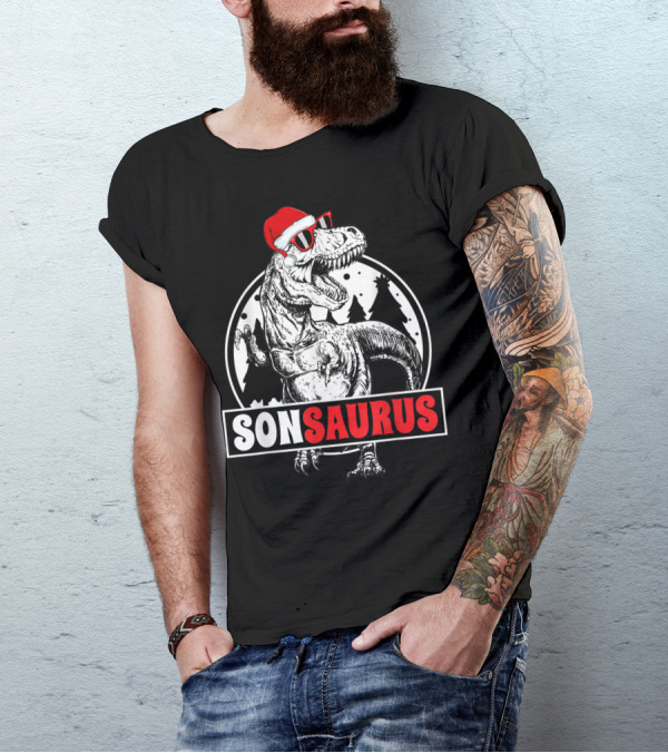 Sonsaurus Christmas Rex T-Rex Dinosaur Holiday Santa Hat T-Shirt