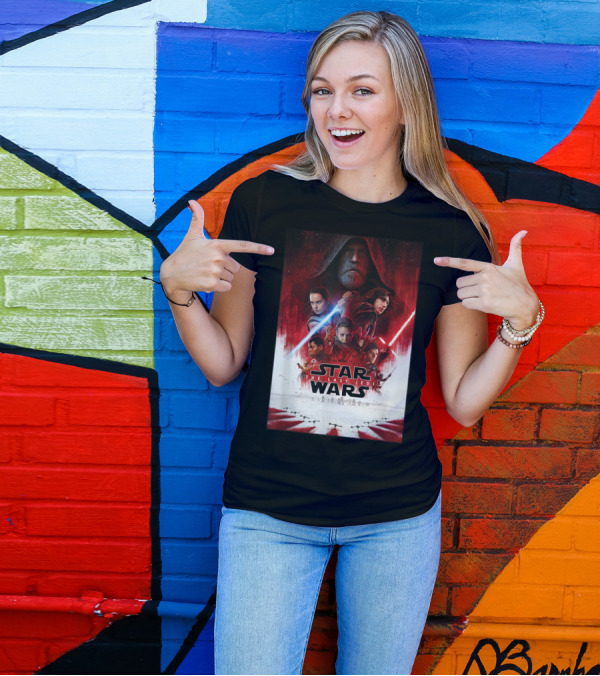 Star Wars The Last Jedi Movie Poster Iconic Characters Light Side And Dark Side Duel T-Shirt