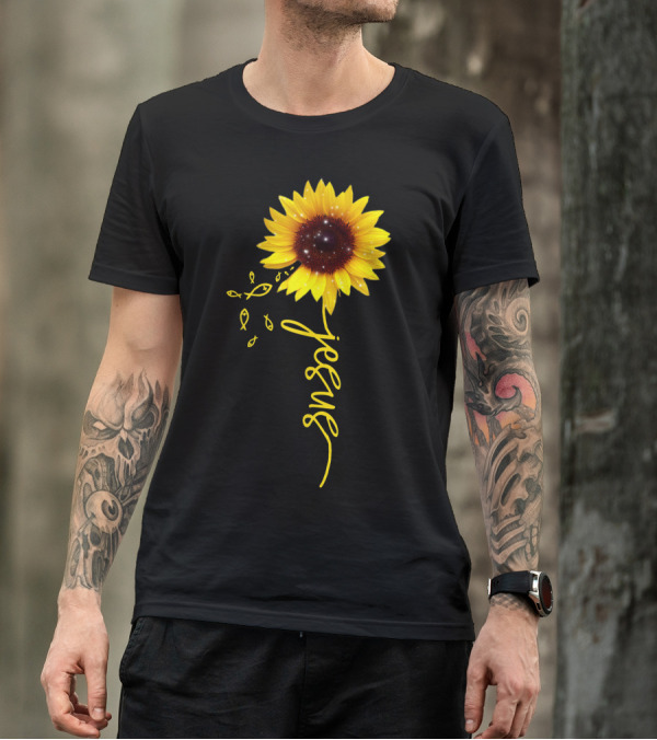 Sunflower Jesus Christian Faith Cross With Ichthys Symbols T-Shirt