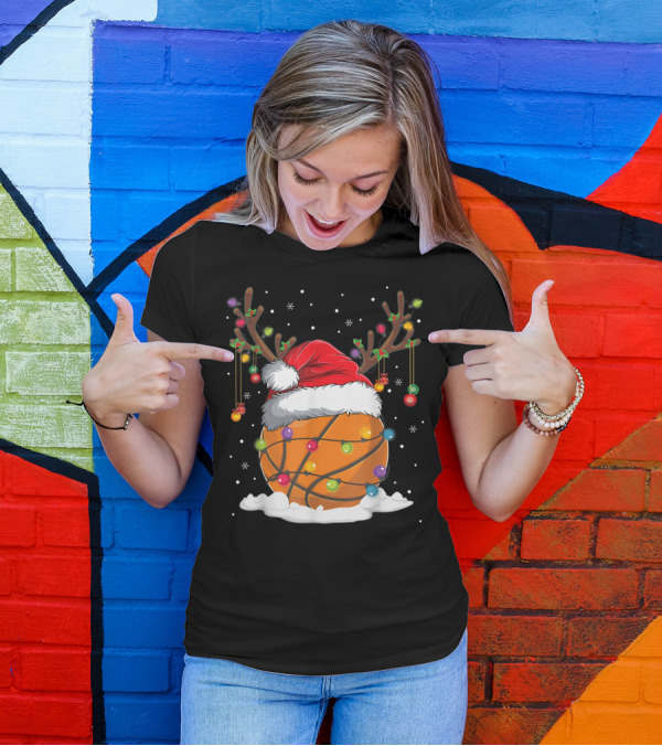 This Is My Christmas Basketball Player Santa Hat Reindeer Antlers Lights T-Shirt