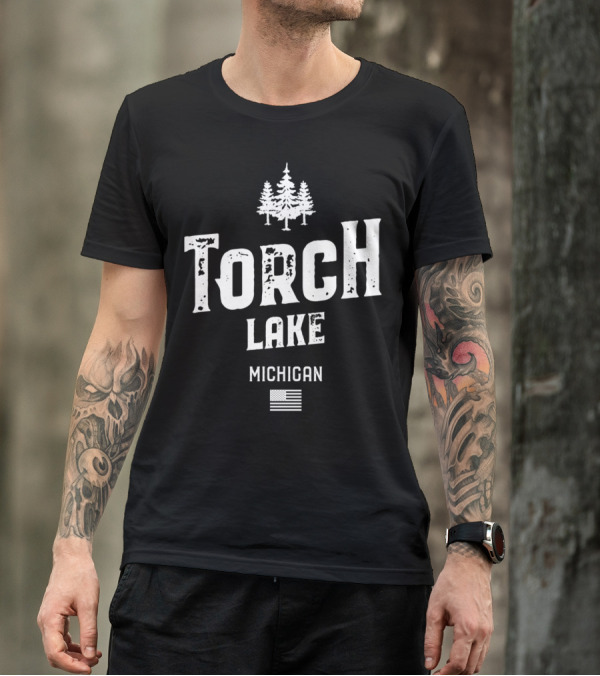 Torch Lake Michigan Trees And American Flag T-Shirt