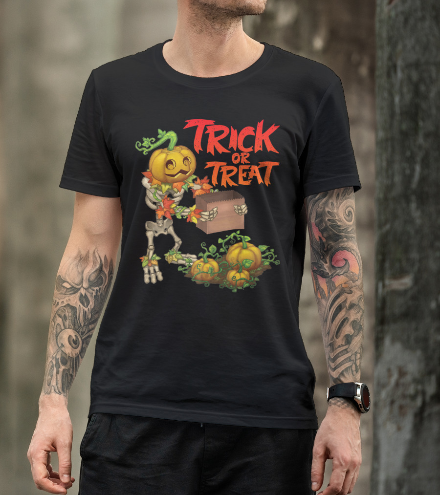 Trick Or Treat Punkleton Skeleton With Pumpkins And Candy Box T-Shirt