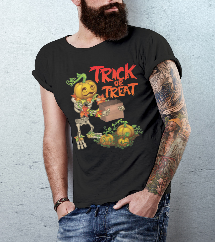 Trick Or Treat Punkleton Skeleton With Pumpkins And Candy Box T-Shirt