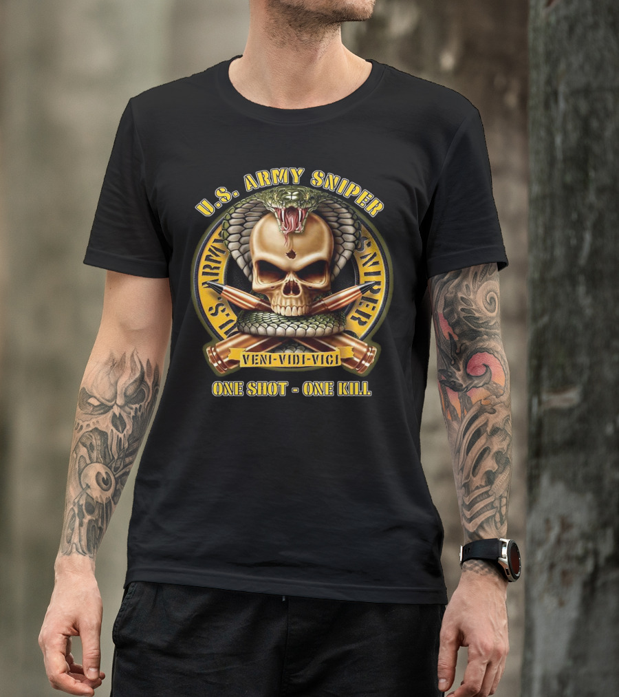 U.S. Army Sniper Veni Vidi Vici One Shot One Kill Skull Snake Badge T-Shirt