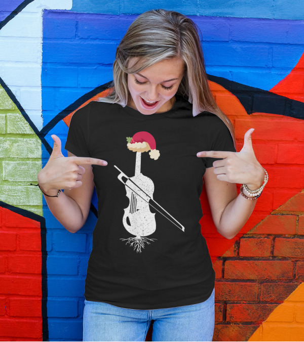 Violin Santa Hat Christmas Tree Vintage Style Holiday Decor T-Shirt