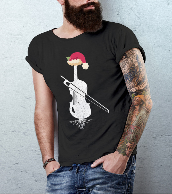 Violin Santa Hat Christmas Tree Vintage Style Holiday Decor T-Shirt