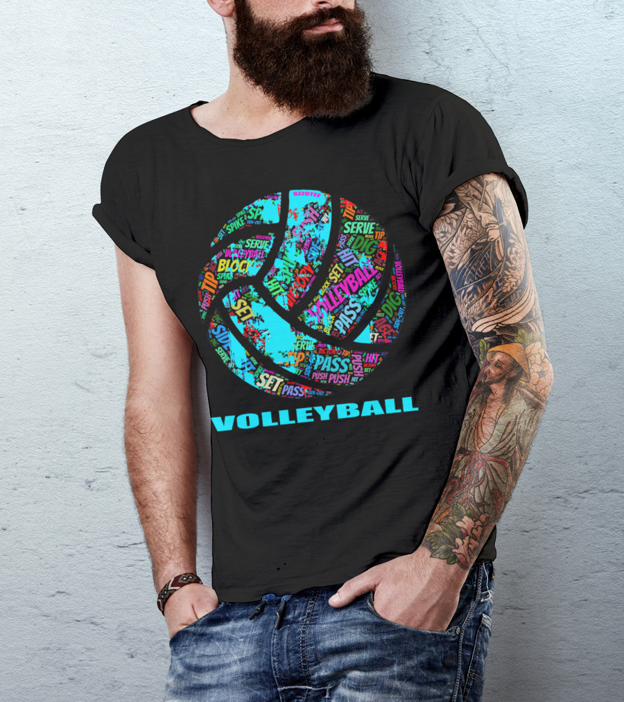 Volleyball Block Serve Dig Set Pass Spike Victory Words Colorful Ball T-Shirt
