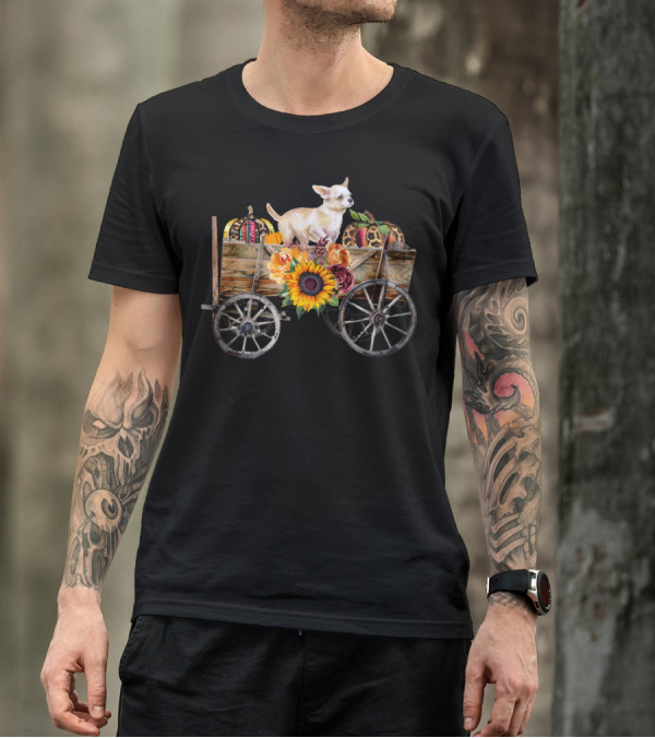 White Chihuahua In Wagon With Pumpkin And Sunflower T-Shirt