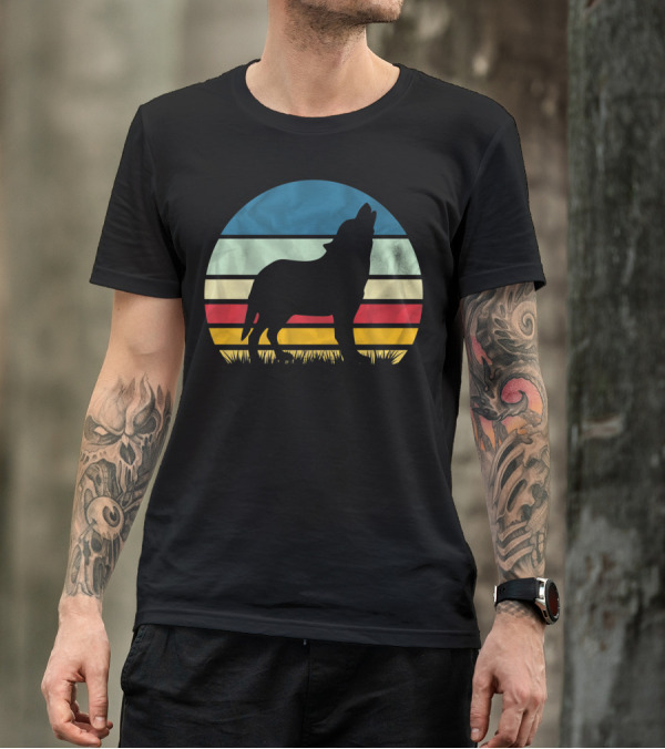 Retro Wolf Silhouette Vintage Sunset Stripes T-Shirt