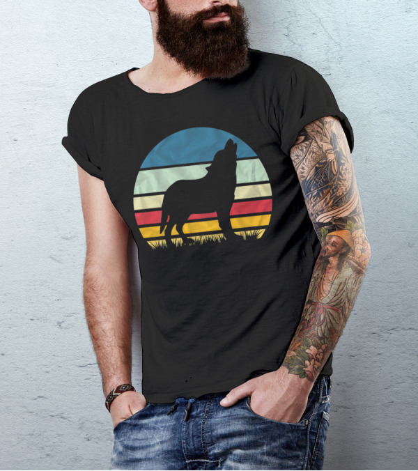 Retro Wolf Silhouette Vintage Sunset Stripes T-Shirt