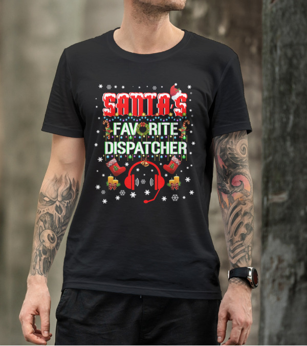 Santa's Favorite Dispatcher Headset Christmas Snowflakes Candles Stockings T-Shirt