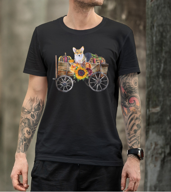 Corgi Clothing Autumn Harvest Corgi Dog In Country Wagon T-Shirt