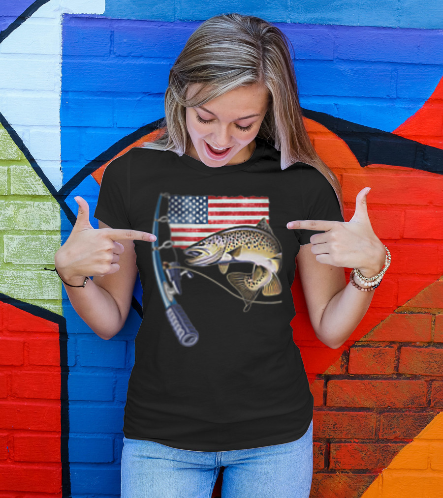 Fishing Hooked On A Feeling American Flag Rod Fish T-Shirt