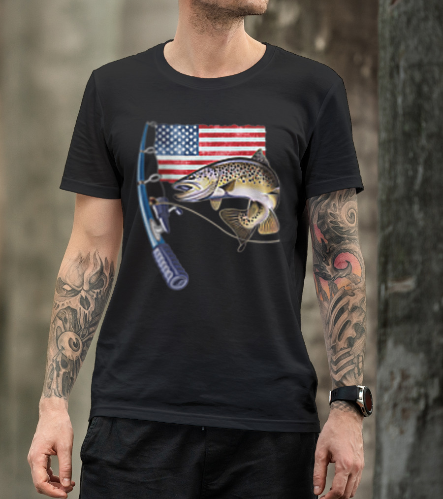 Fishing Hooked On A Feeling American Flag Rod Fish T-Shirt