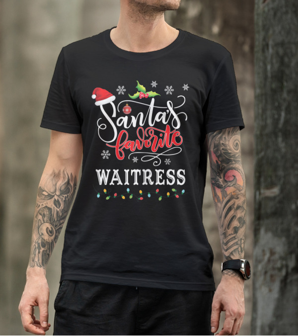 Santa's Favorite Waitress Christmas Lights Holly Santa Hat Snowflakes T-Shirt