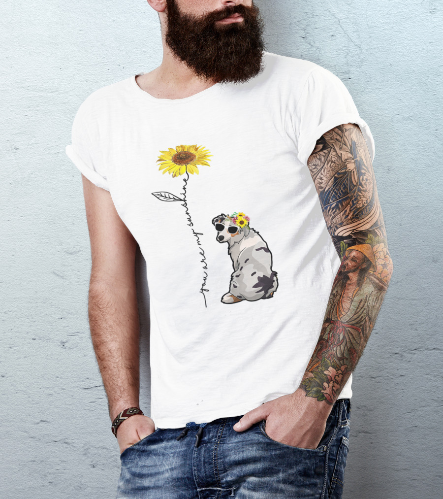 You Are My Sunshine Australian Shepherd Sunflower Sunglasses And Flower Crown T-Shirt