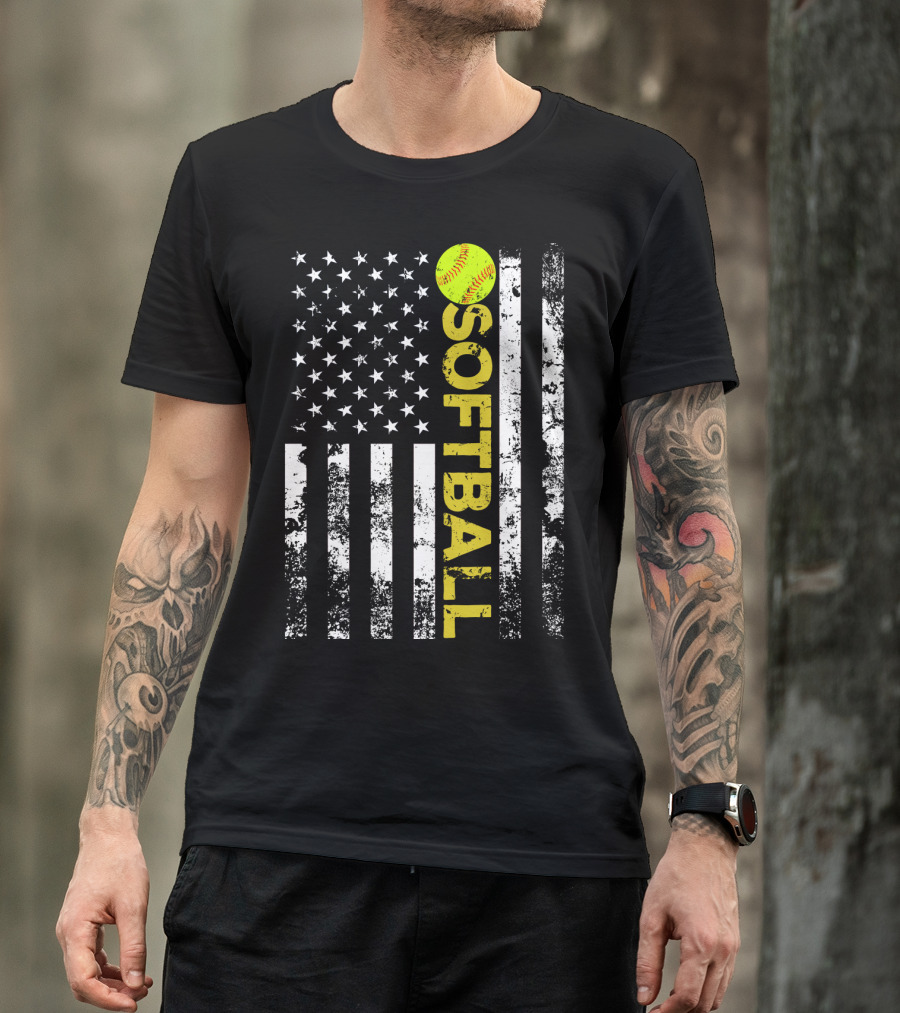 American Flag Softball Vertical Text With Yellow Softball T-Shirt