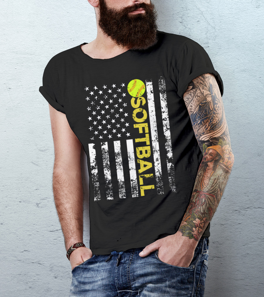 American Flag Softball Vertical Text With Yellow Softball T-Shirt