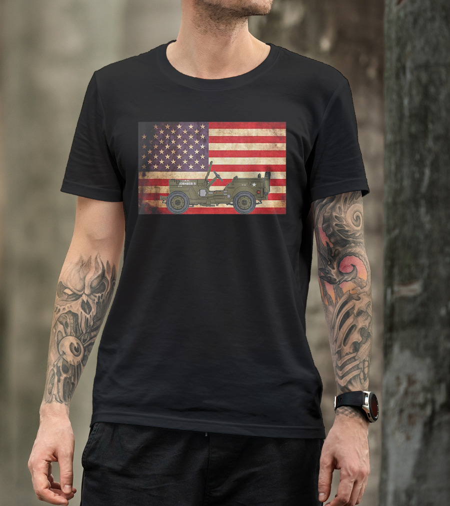 American USA Flag Willys Jeep WW2 Military Army Vehicle Stars And Stripes Vintage Retro Iconic T-Shirt