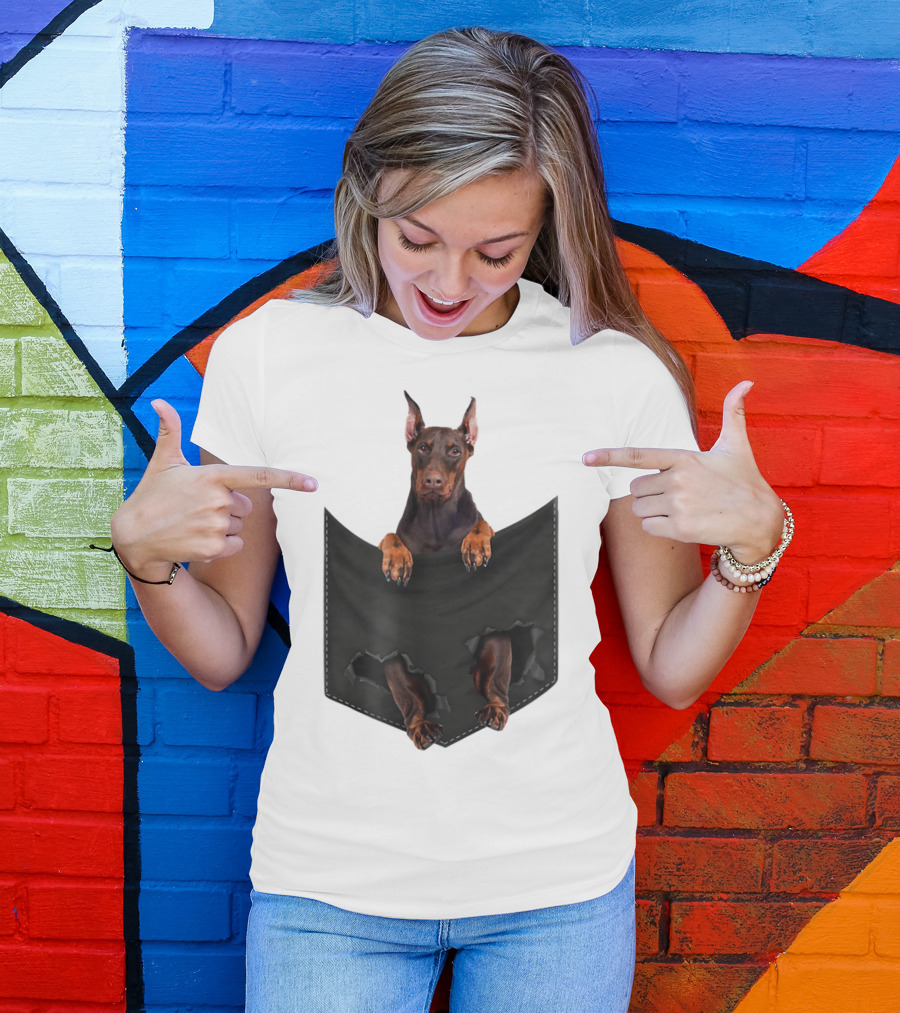 Doberman Pinscher Peeking From Ripped Pocket T-Shirt