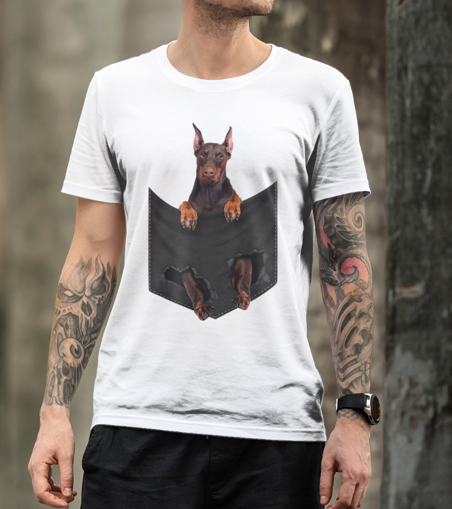 Doberman Pinscher Peeking From Ripped Pocket T-Shirt