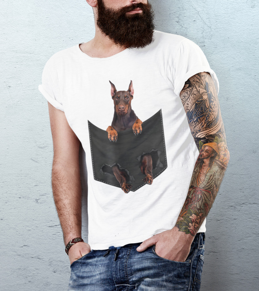 Doberman Pinscher Peeking From Ripped Pocket T-Shirt