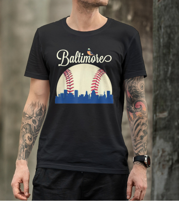 Baltimore Skyline With Baseball And Oriole Bird T-Shirt