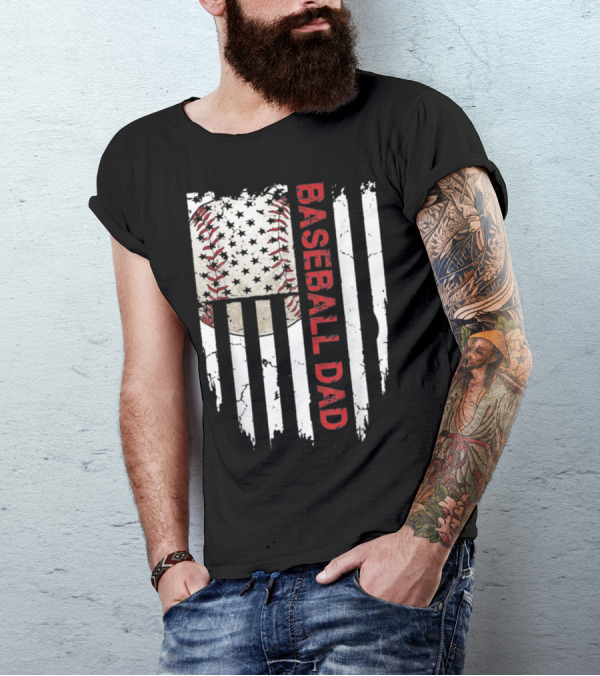 Baseball Dad American Flag Patriotic Stars Stripes Sports Enthusiast T-Shirt