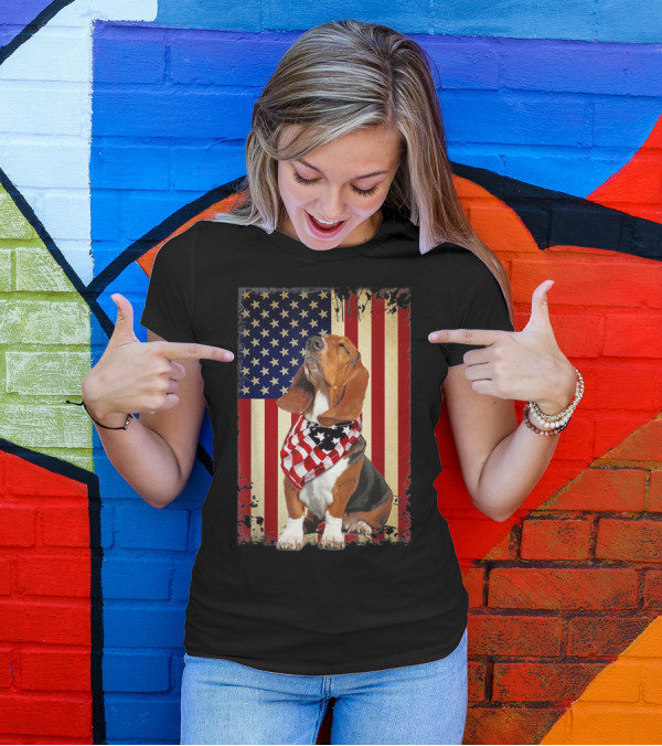 Basset Hound With American Flag Scarf Against USA Flag Background T-Shirt