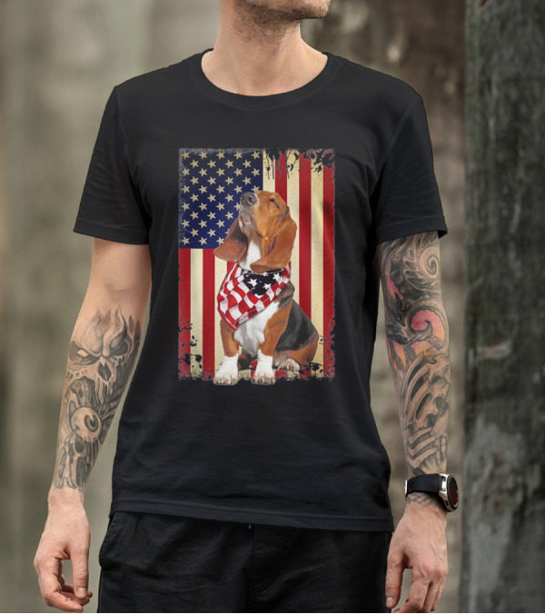 Basset Hound With American Flag Scarf Against USA Flag Background T-Shirt