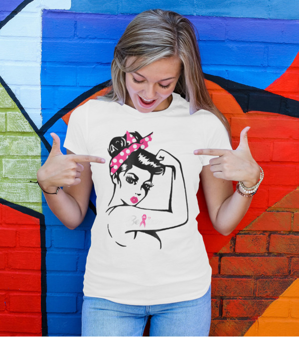 Breast Cancer Warrior Believe Support Awareness With Pink Ribbon And Polka Dot Rosie Bandana T-Shirt