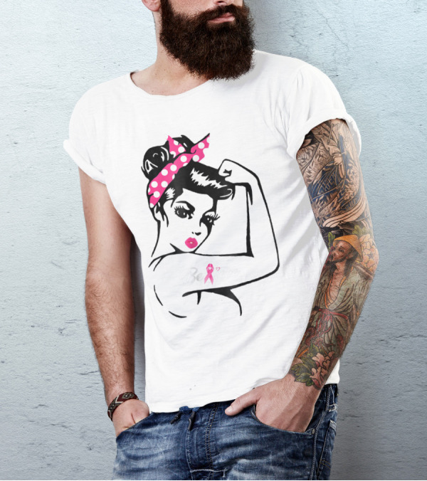 Breast Cancer Warrior Believe Support Awareness With Pink Ribbon And Polka Dot Rosie Bandana T-Shirt