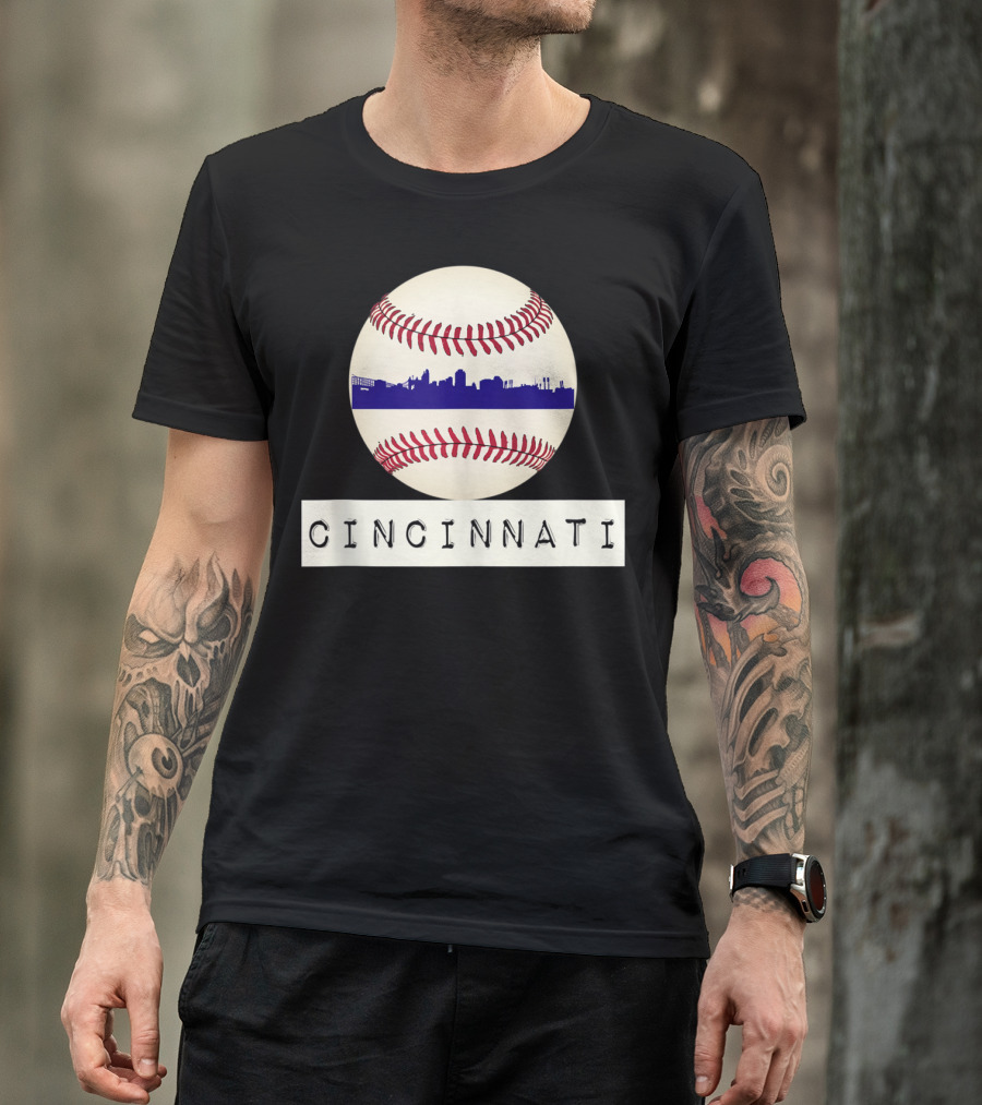 Cincinnati Skyline On Baseball With Red Stitches T-Shirt