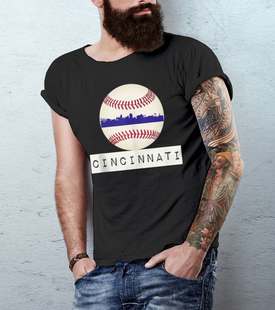 Cincinnati Skyline On Baseball With Red Stitches T-Shirt
