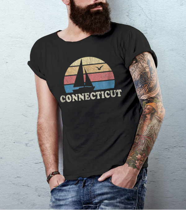 Connecticut 70s Vintage Sailboat Sunset Throwback T-Shirt