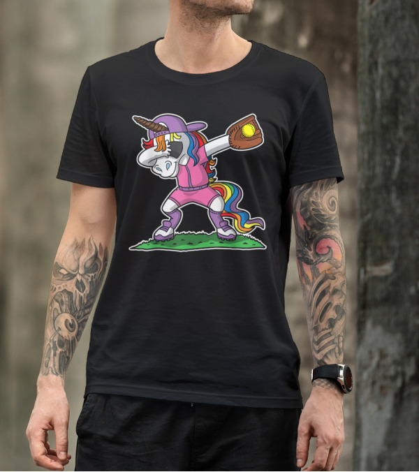 Dabbing Unicorn In Pink Softball Outfit With Glove And Ball T-Shirt