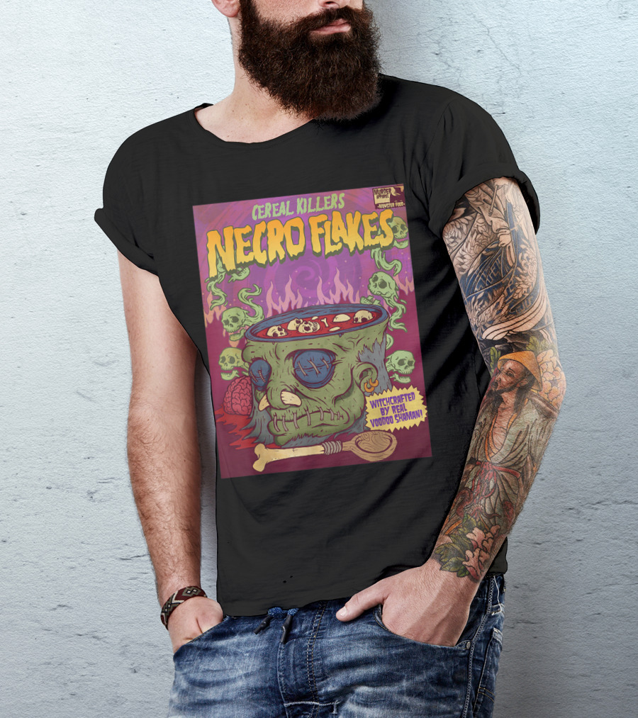 Cereal Killers Necro Flakes Witchcrafted By Real Voodoo Shaman Monster Food Horror Fans Nerds T-Shirt