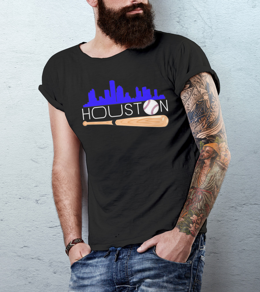 Houston Baseball Astro Font Skyline With Bat And Ball T-Shirt
