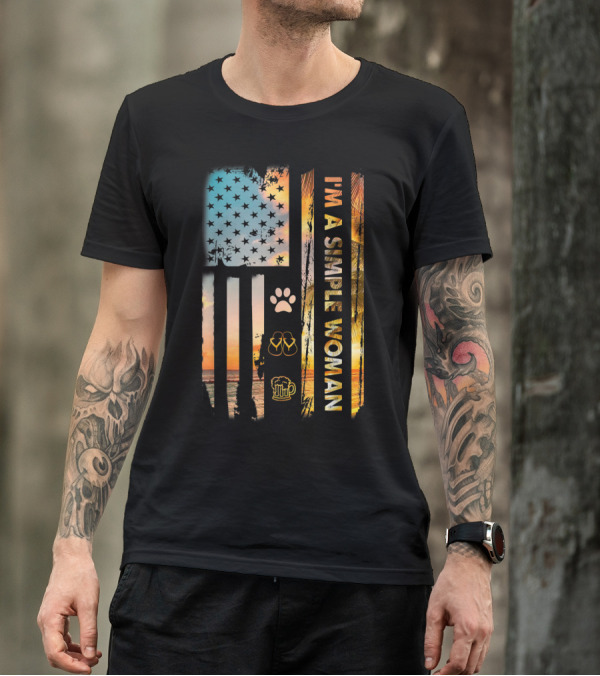 I'm A Simple Woman American Flag Dog Paw Flip Flops Beer Beach Sunset T-Shirt