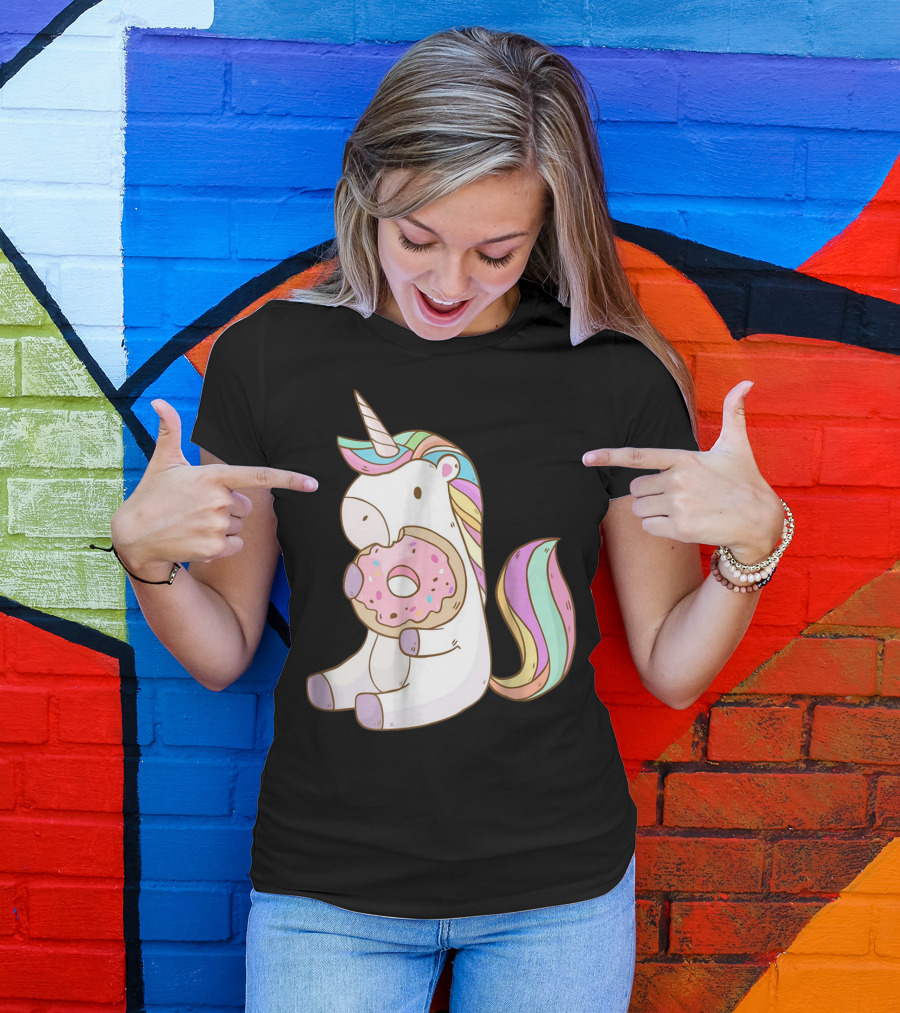 Cute Hungry Unicorn Enjoying A Delicious Donut With Sprinkles T-Shirt