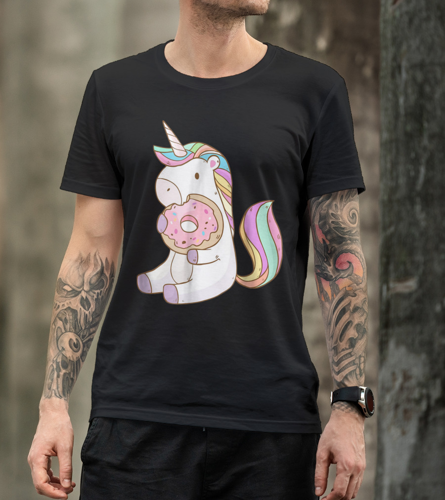 Cute Hungry Unicorn Enjoying A Delicious Donut With Sprinkles T-Shirt